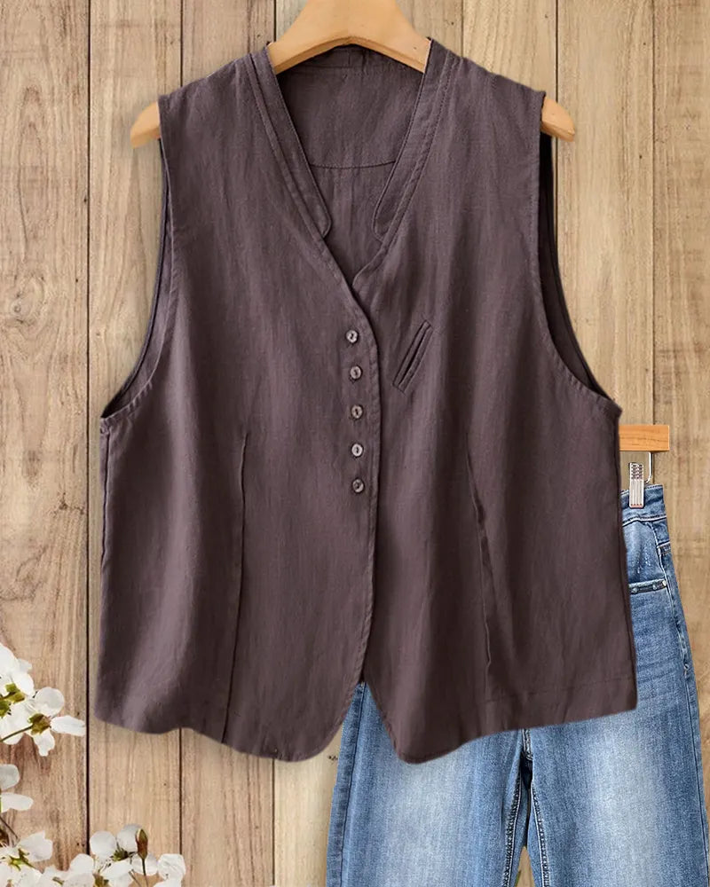 V Neck Button Front Sleeveless Loose Fit Casual Vest