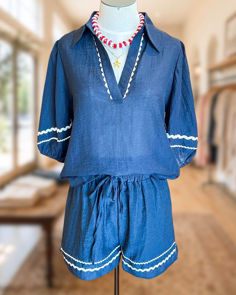 Collared Puff Sleeve Ric Rac Trim Drawstring Waist Short Set