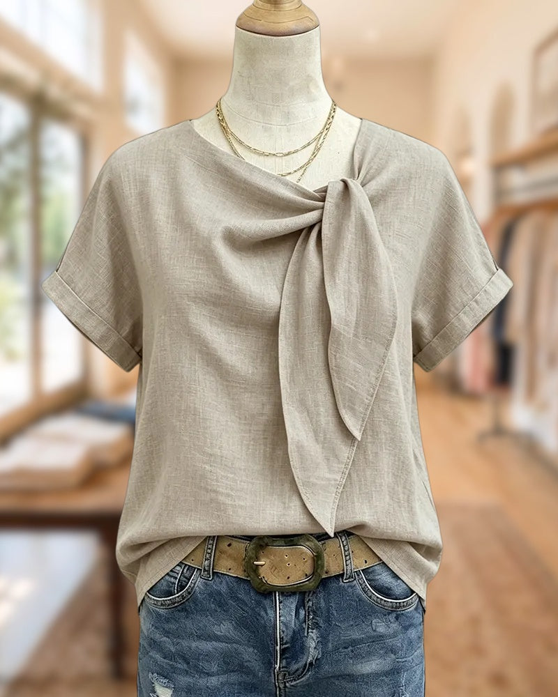 Front Tie Knot Short Sleeve Chic Solid Color Blouse