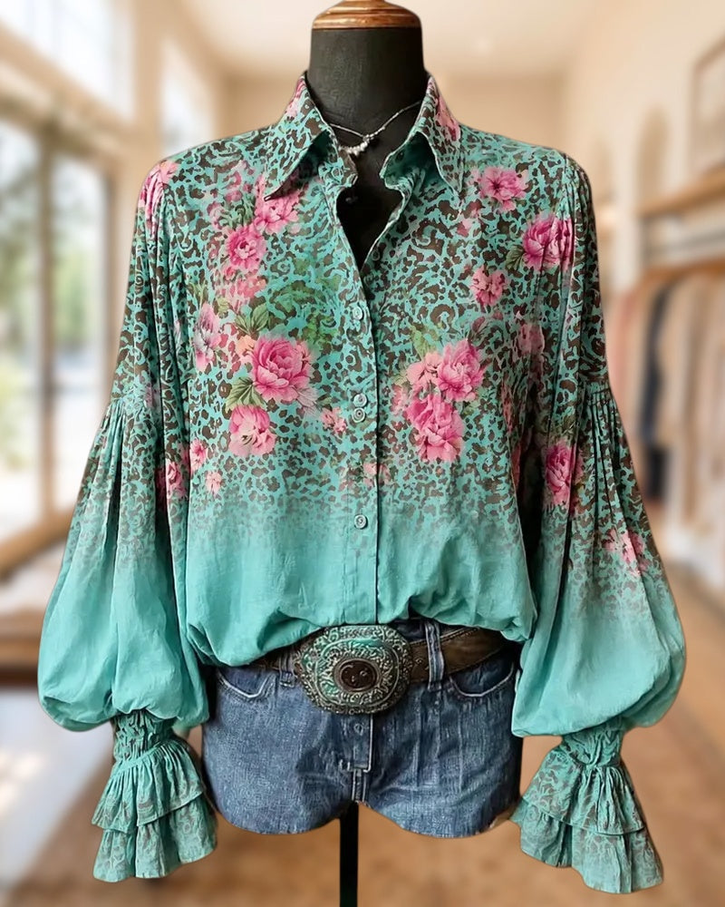 Floral Print Lantern Sleeve Ruffled Cuff Button Front Blouse