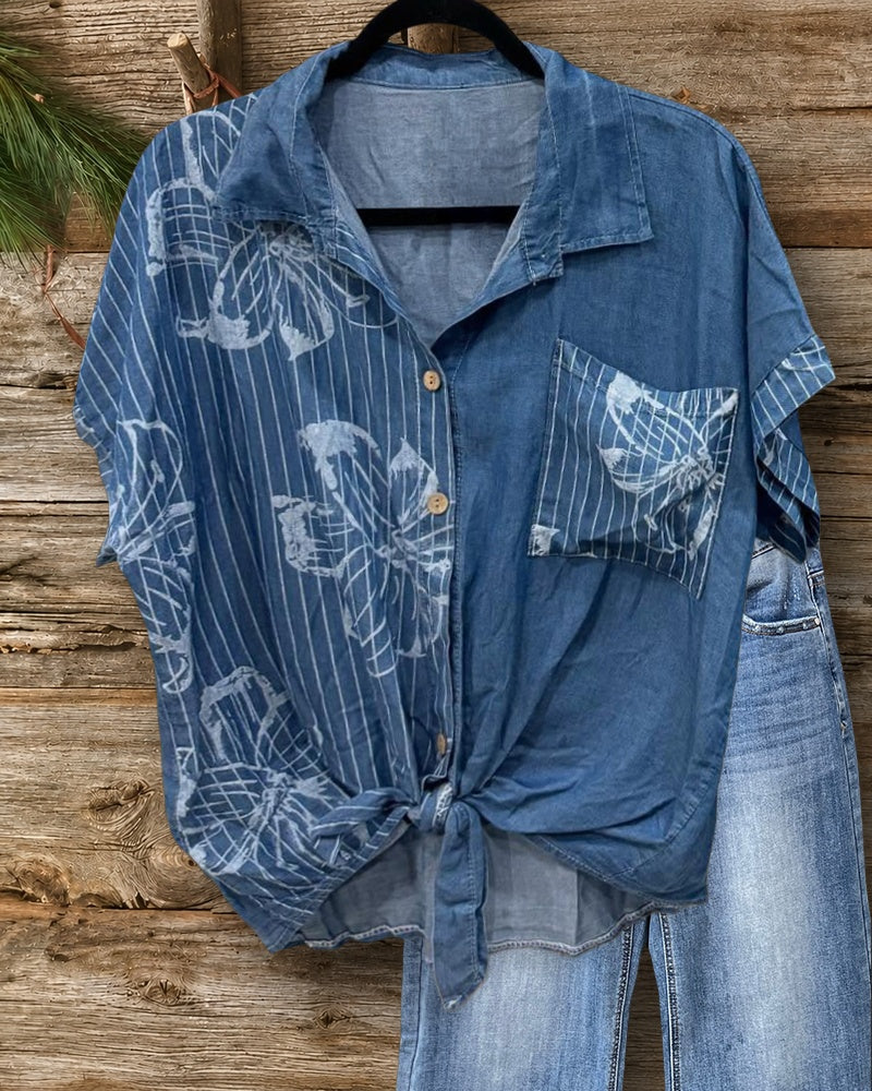 Collared Striped Print Button Front Tie Hem Short Sleeve Shirt