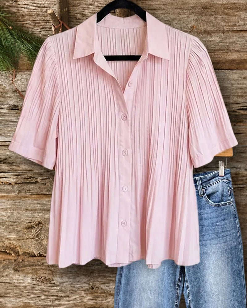 Collared Button Front Pleated Short Sleeve Loose Blouse