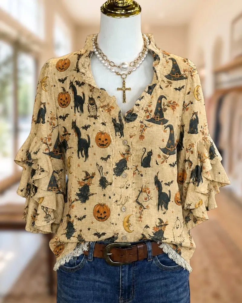 Halloween Print Ruffle Sleeve Button Front Frill Trim Blouse