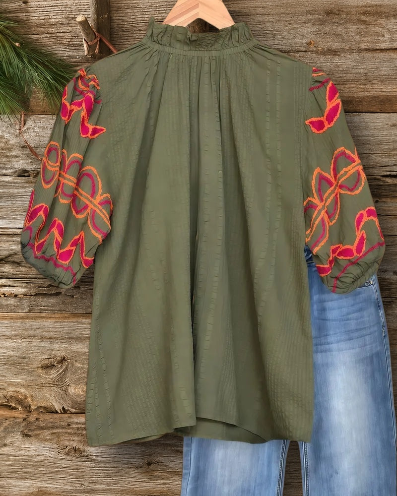 Abstract Print Puff Sleeve Simple T-Shirt