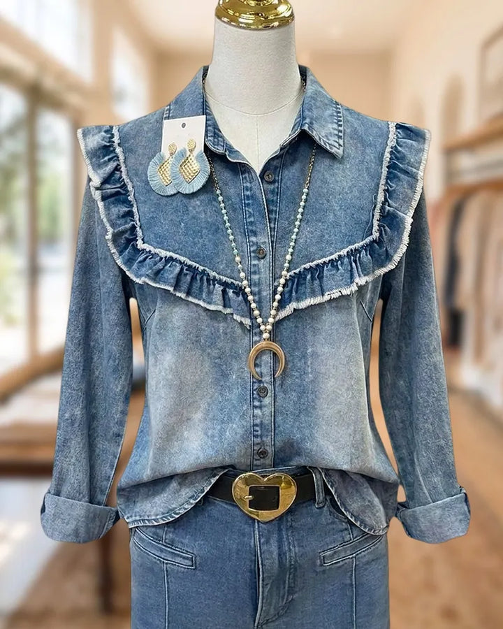 Ruffled Trim Collared Denim Long Sleeve Vintage Chic Shirt