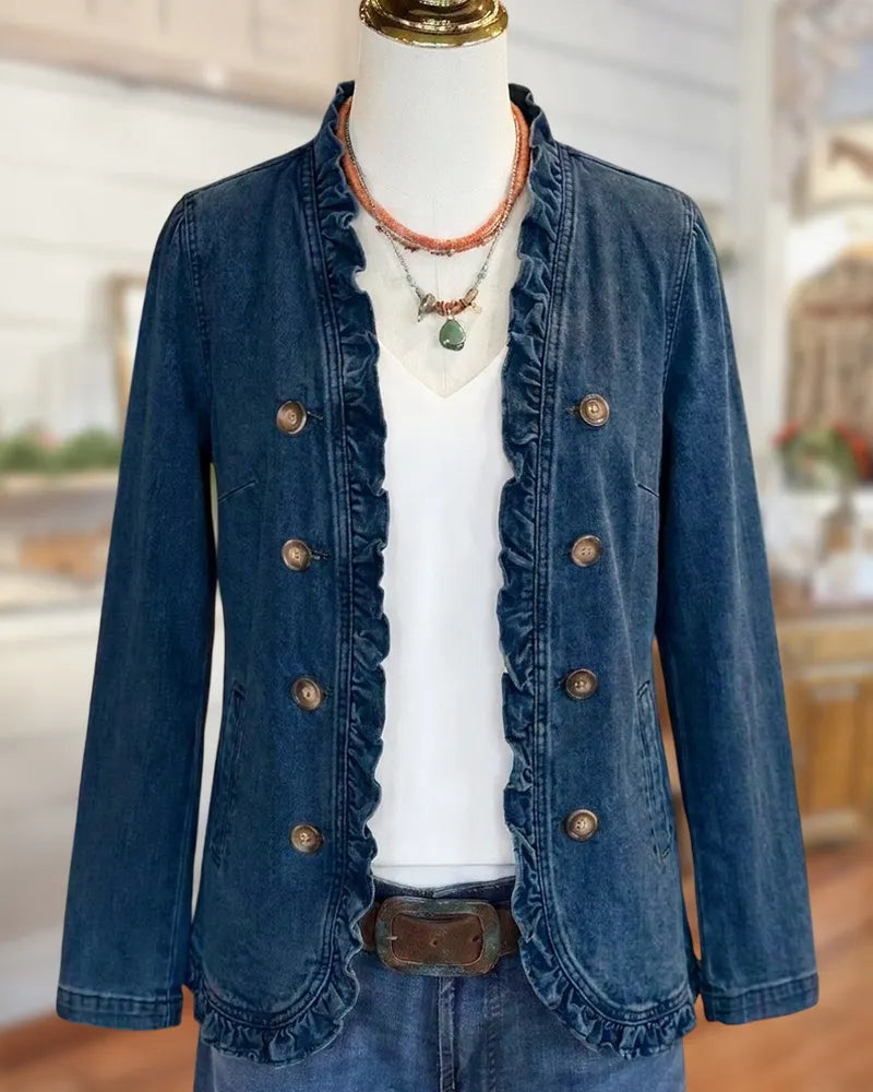 Ruffle Trim Button Front Double Breasted Long Sleeve Jacket