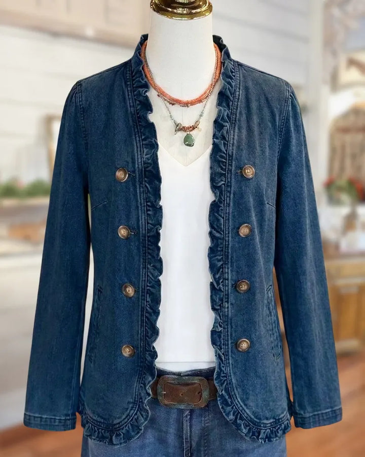 Ruffle Trim Button Front Double Breasted Long Sleeve Jacket