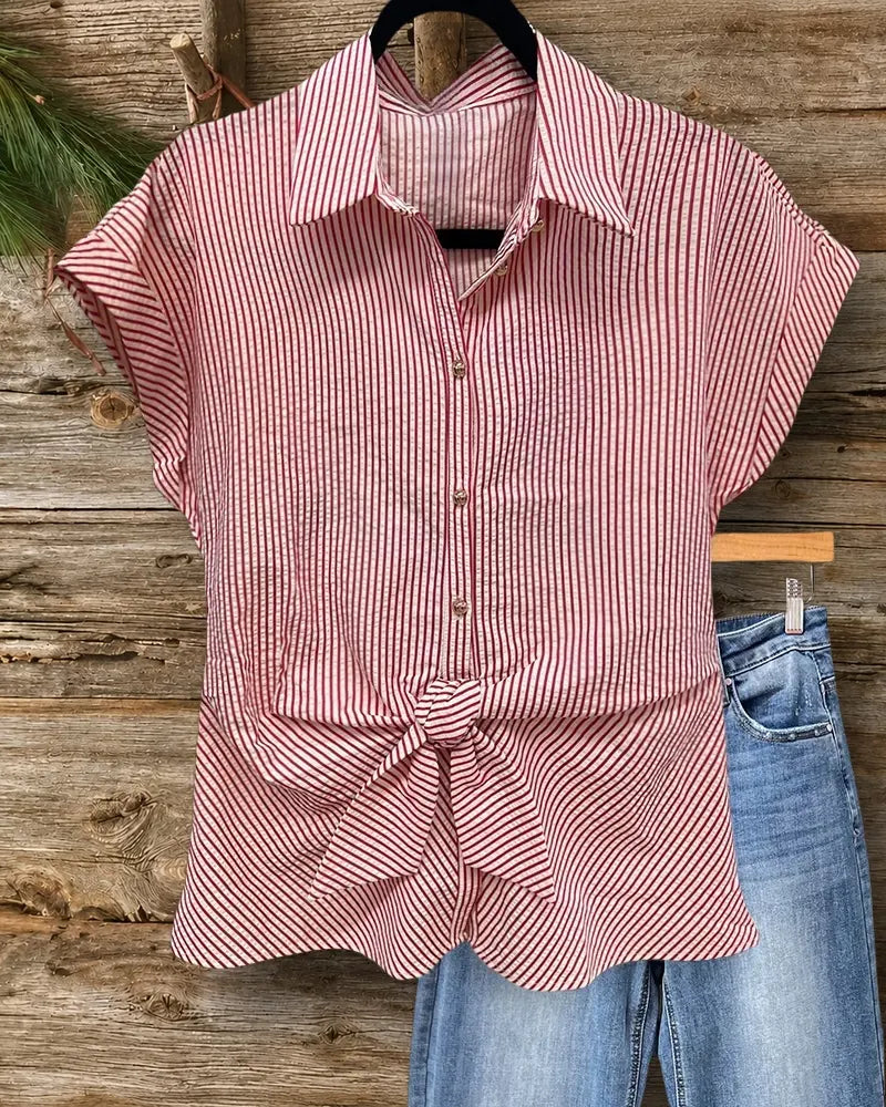 Collared Button Down Tie Front Cap Sleeve Chic Shirt
