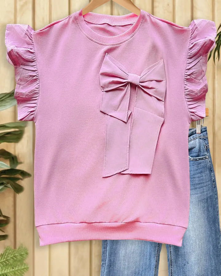 Solid Color Bow Decor Playful Ruffle Sleeve T-Shirt