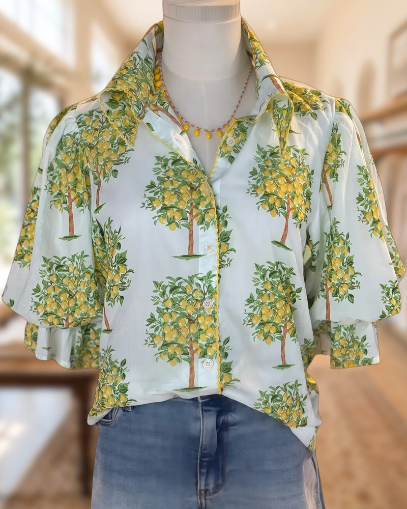Lemon Tree Print Ruffle Trim Puff Sleeve Button Front Blouse