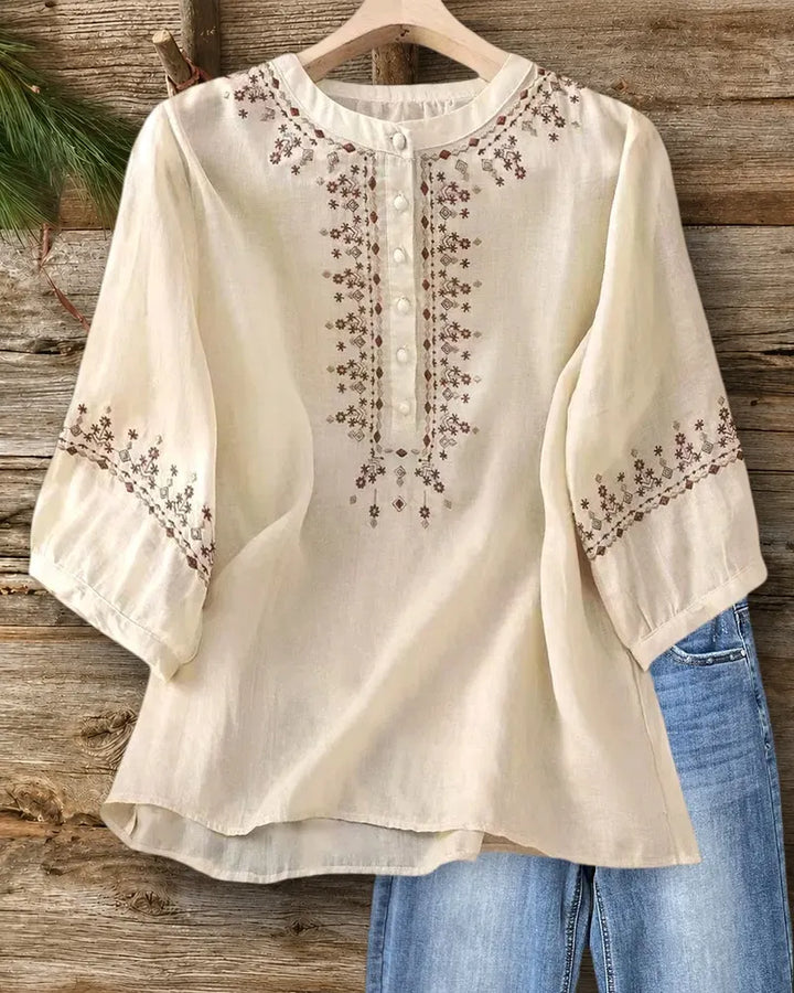 Embroidered Mandarin Collar Half Placket 3/4 Sleeve Loose Blouse