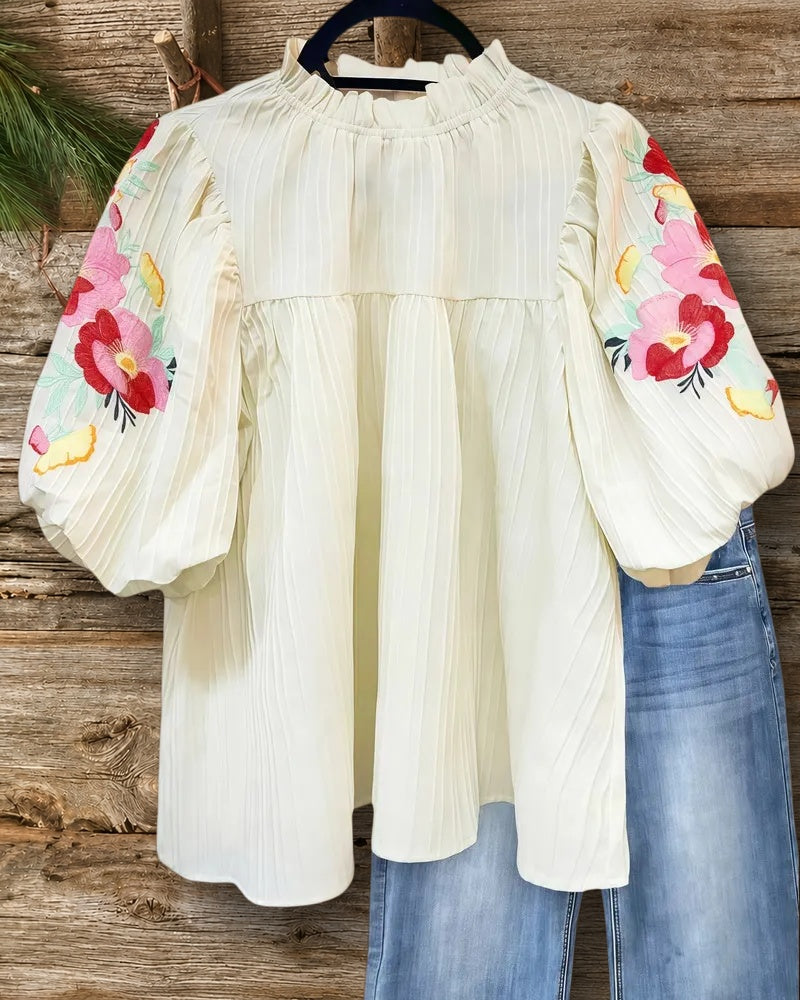 Floral Embroidery Puff Sleeve Elegant Pleated T-Shirt