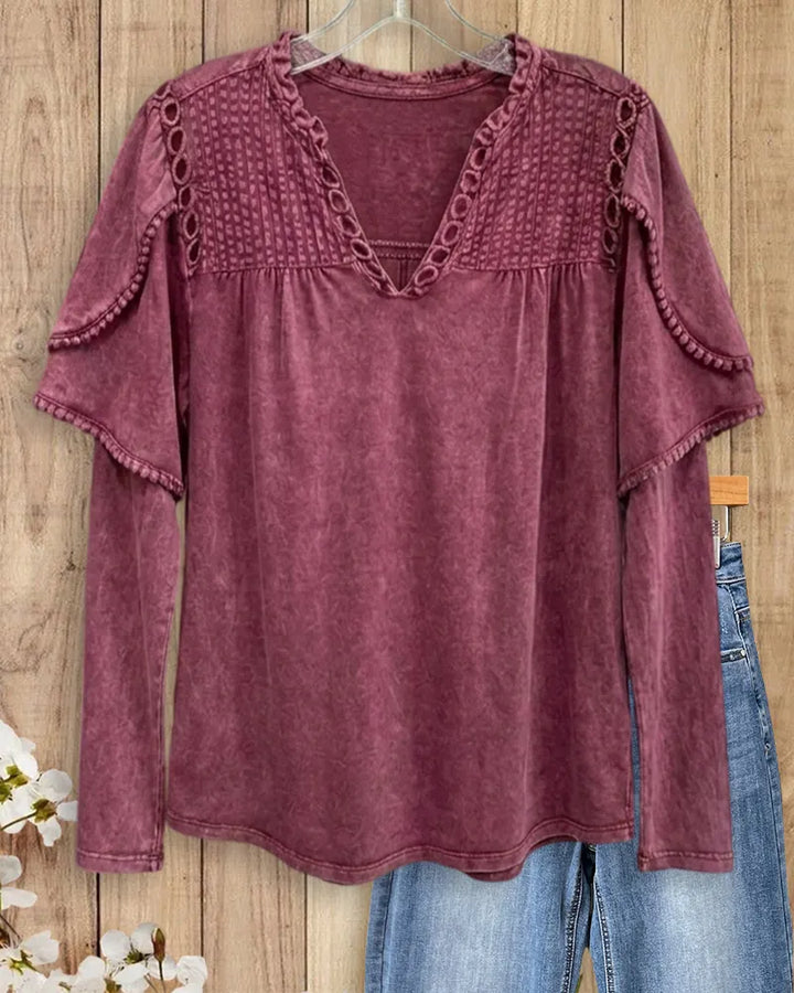 Smocked Yoke Ruffle V Neck Tiered Sleeve Casual Blouse