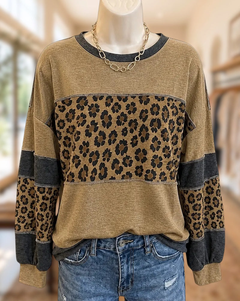Leopard Print Patchwork Contrast Stitch Loose Casual Sweatshirt