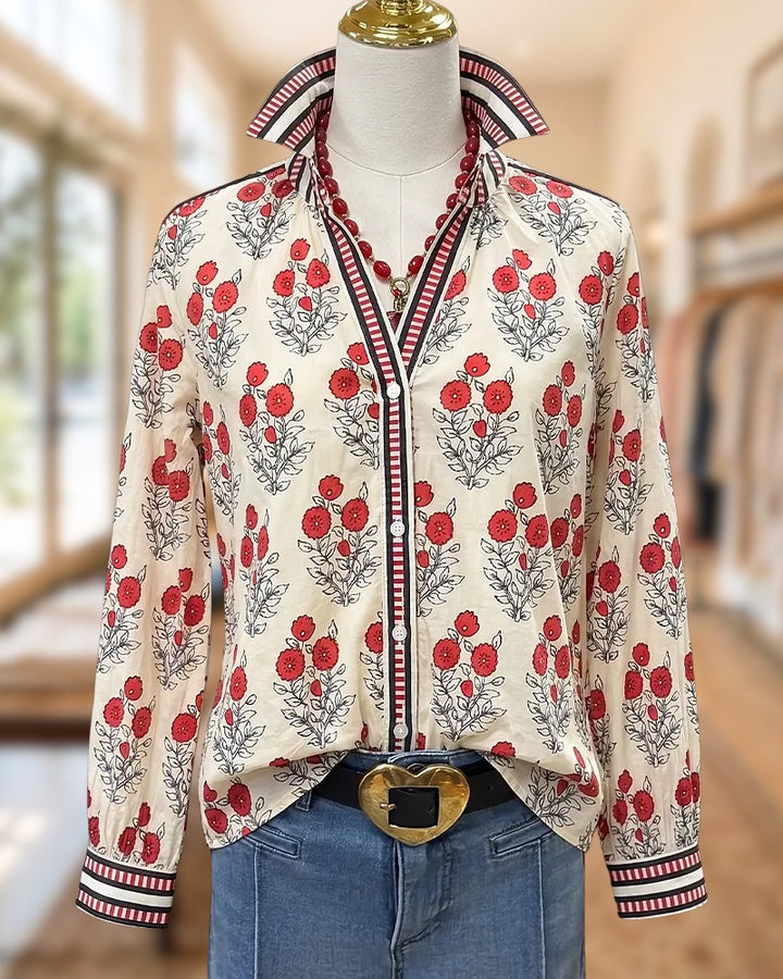 Floral Print Contrast Trim Button Front Long Sleeve Blouse