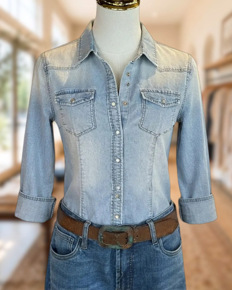 3/4 Sleeve Snap Button Denim Shirt With Chest Pockets