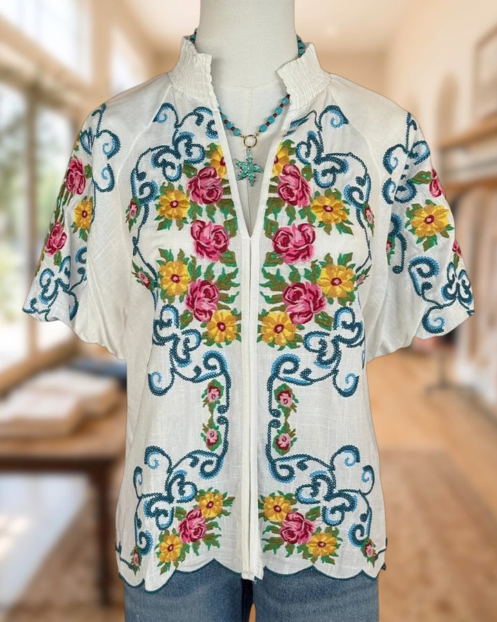 Floral Embroidered V Neck Puff Sleeve Scalloped Hem Blouse