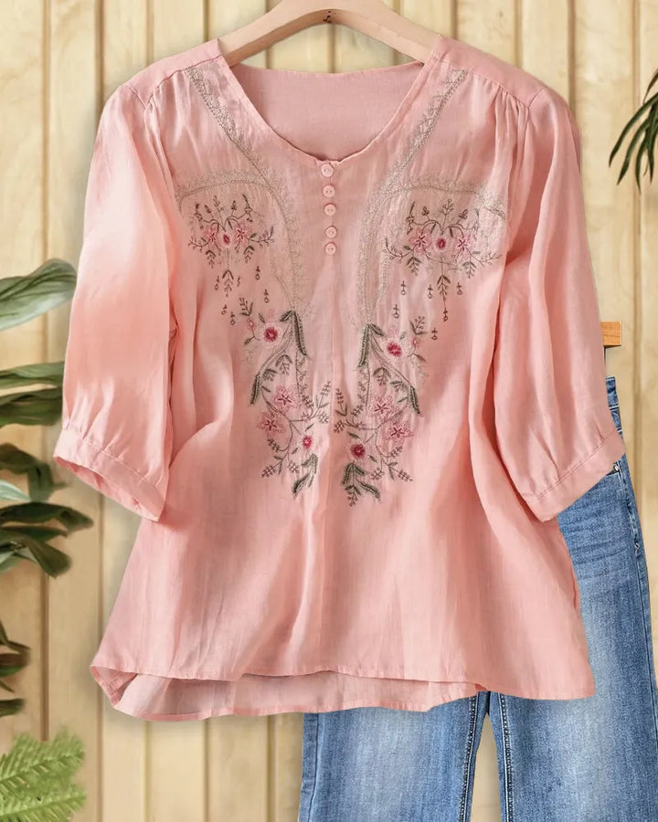 Floral Embroidery U Neck Half Button 3/4 Sleeve Loose Blouse