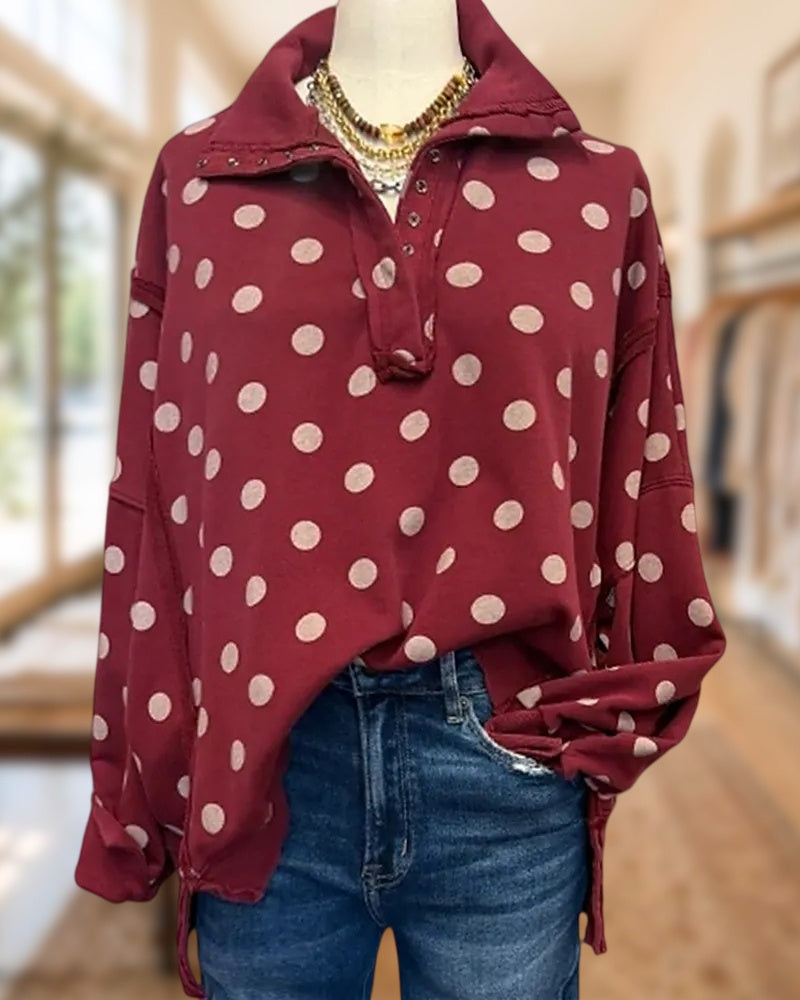 Polka Dot Half Snap Placket Side Slit Drop Shoulder Casual Sweatshirt