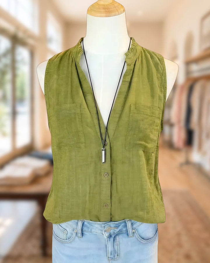 Solid Color Simple Button Front Sleeveless Blouse