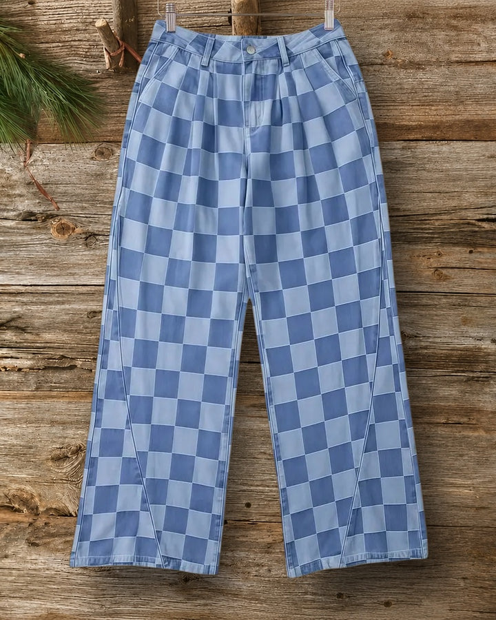 Checked Print Stylish Wide Leg Jeans
