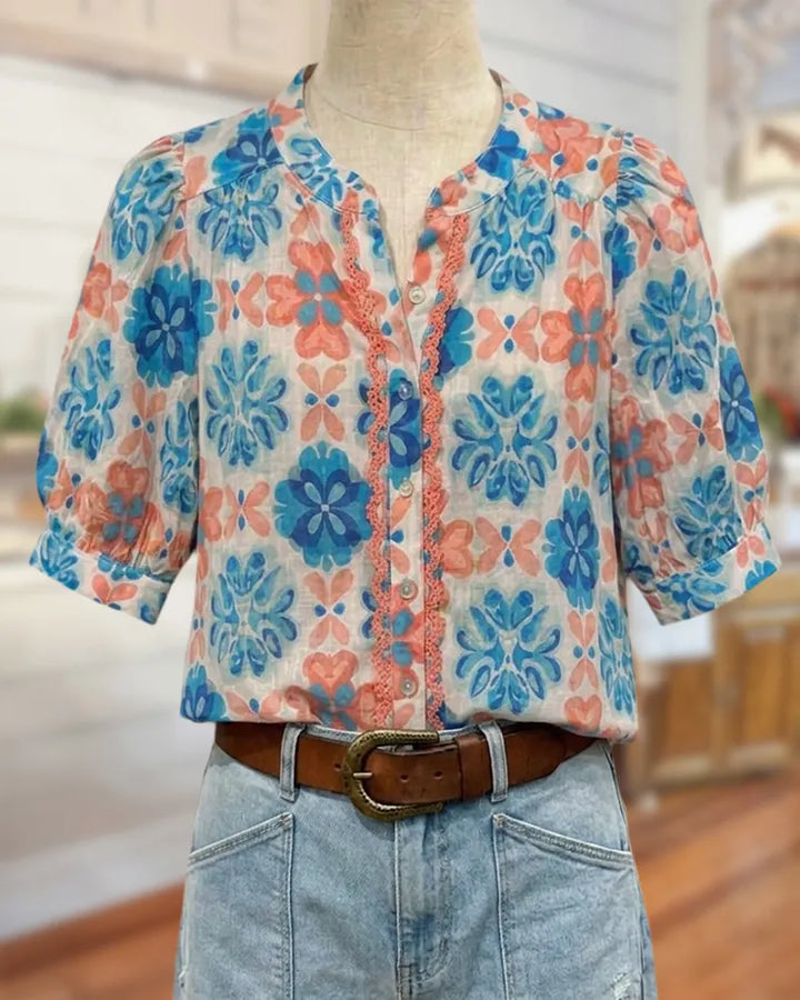 Puff Sleeve Button Front Lace Trim Printed Blouse