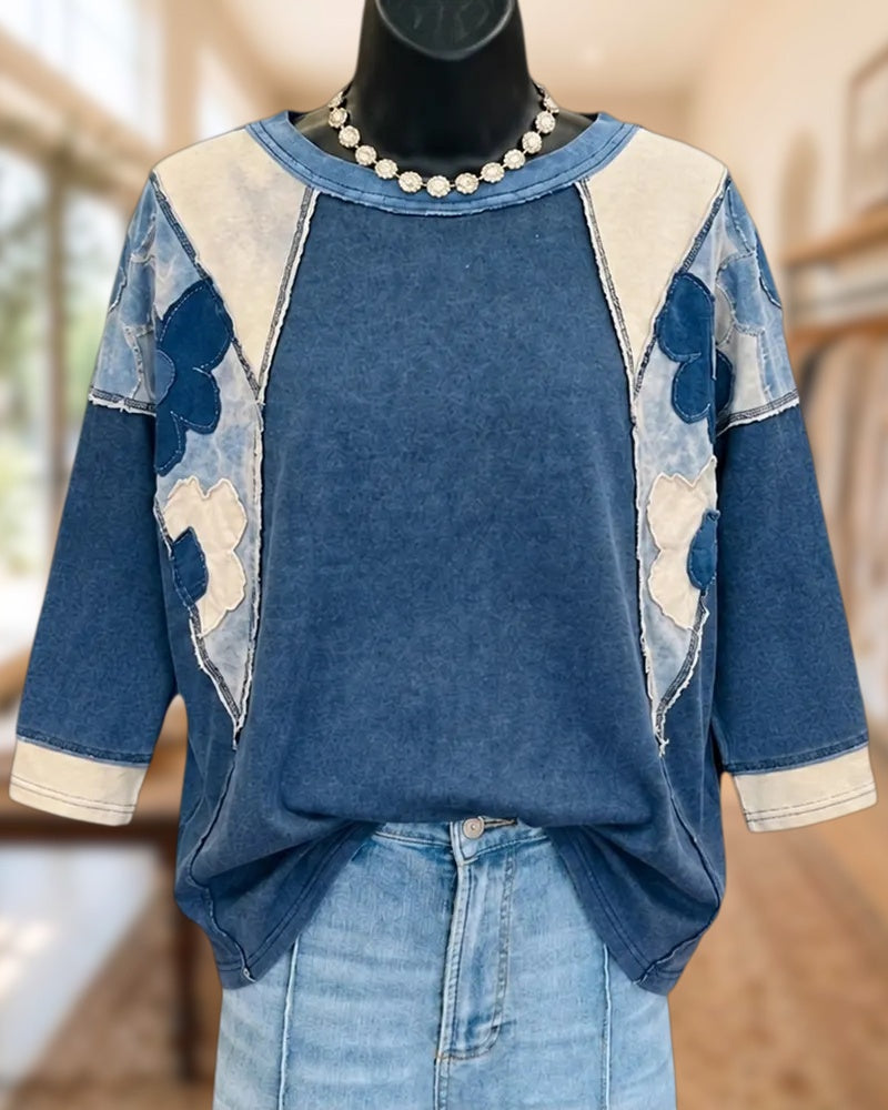 Patchwork Floral Applique Raw Edge 3/4 Sleeve Casual Top