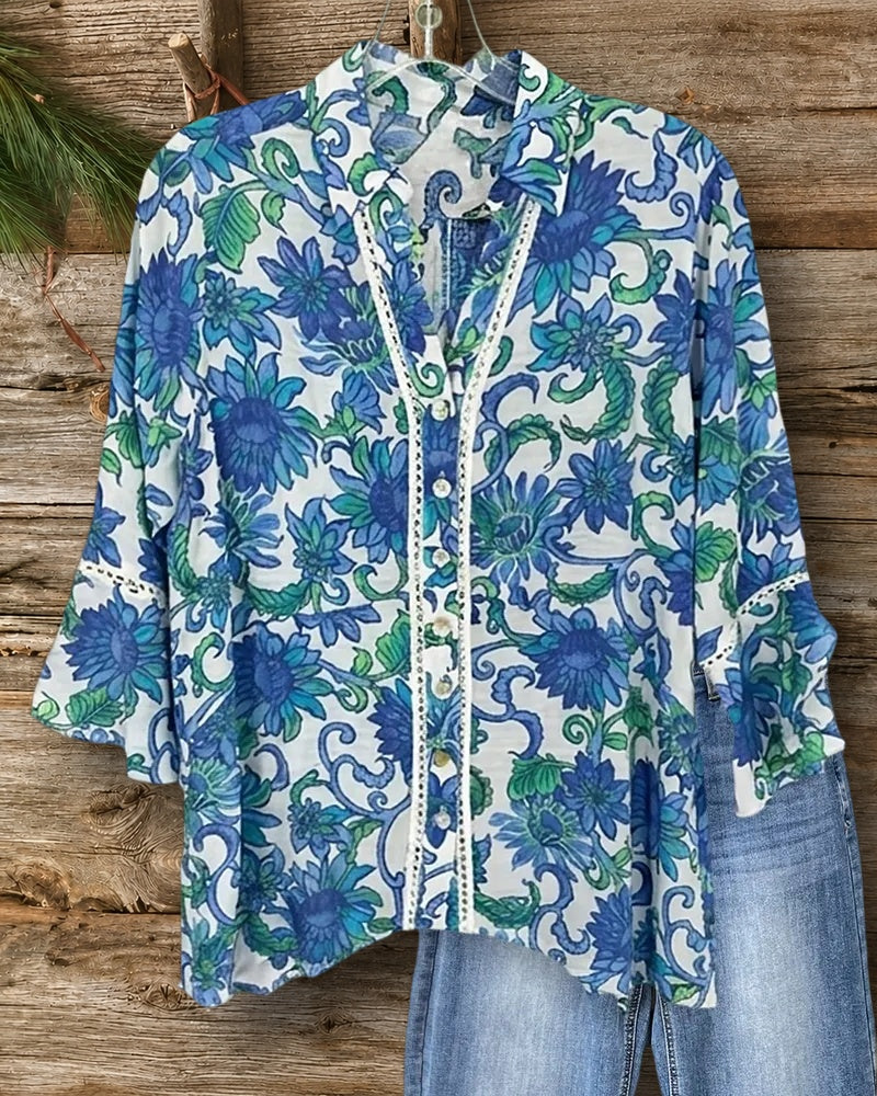 Floral Print Lace Trim Flare Sleeve Button Front Blouse