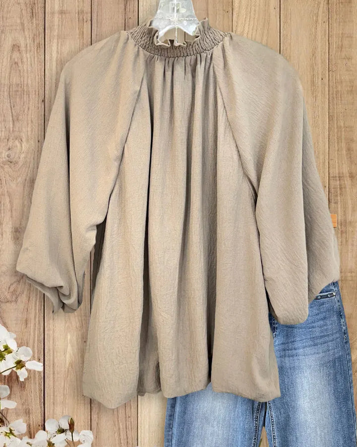 Solid Color V Neck Lantern Sleeve Loose Simple Blouse