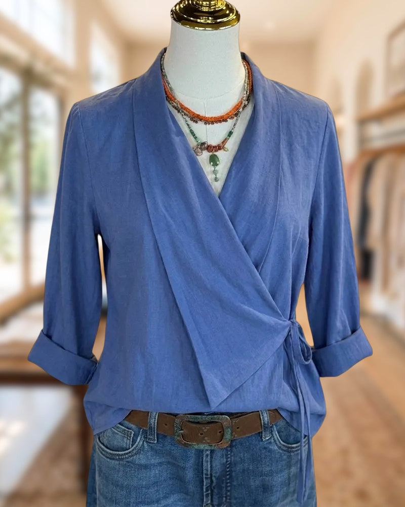 Wrap Front Side Tie Rolled Cuff Relaxed Casual Blouse