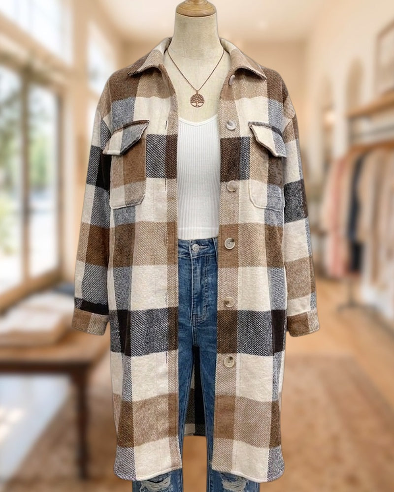 Plaid Long Sleeve Button Front Flap Pocket Casual Coat