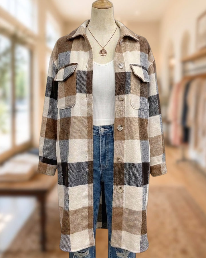 Plaid Long Sleeve Button Front Flap Pocket Casual Coat