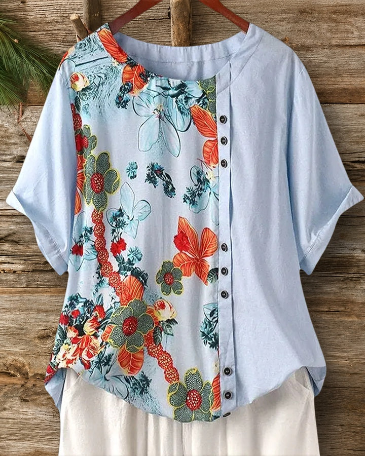 Floral Print Button Accent Short Sleeve O Neck Breezy Blouse