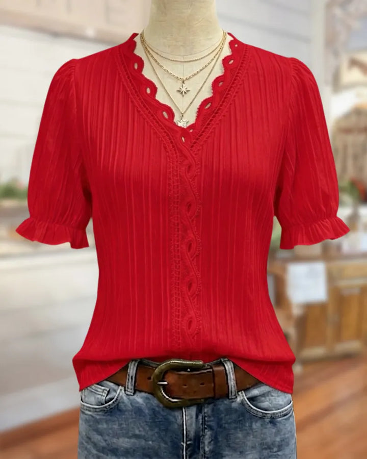 Lace Trim V Neck Puff Sleeve Ruffle Cuff Textured Blouse