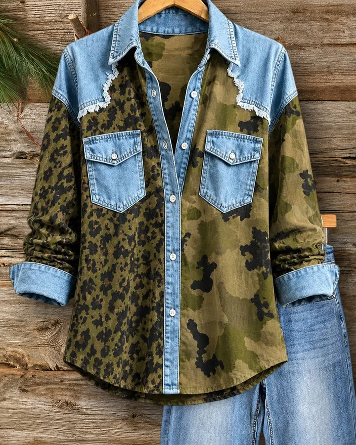 Contrast Denim Panel Frayed Trim Chest Pocket Button Down Shirt