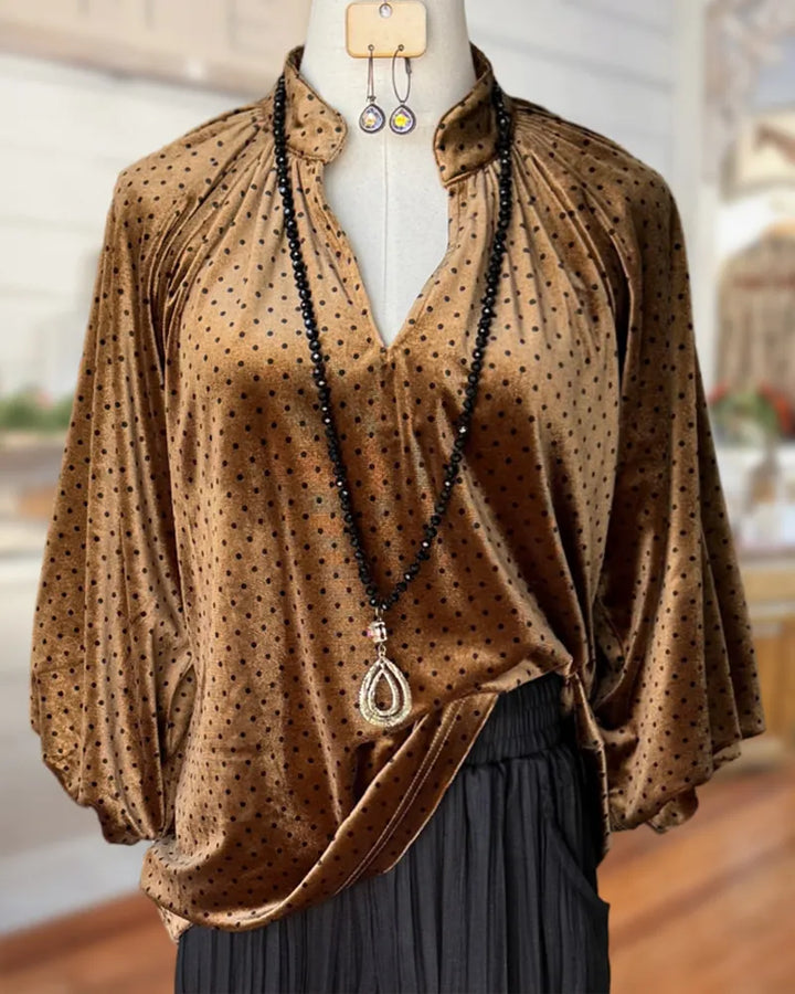 Polka Dot Velvet V Neck Elegant 3/4 Sleeve Blouse