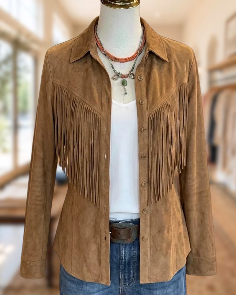 Fringe Detail Button Down Shirt Collar Long Sleeve Jacket
