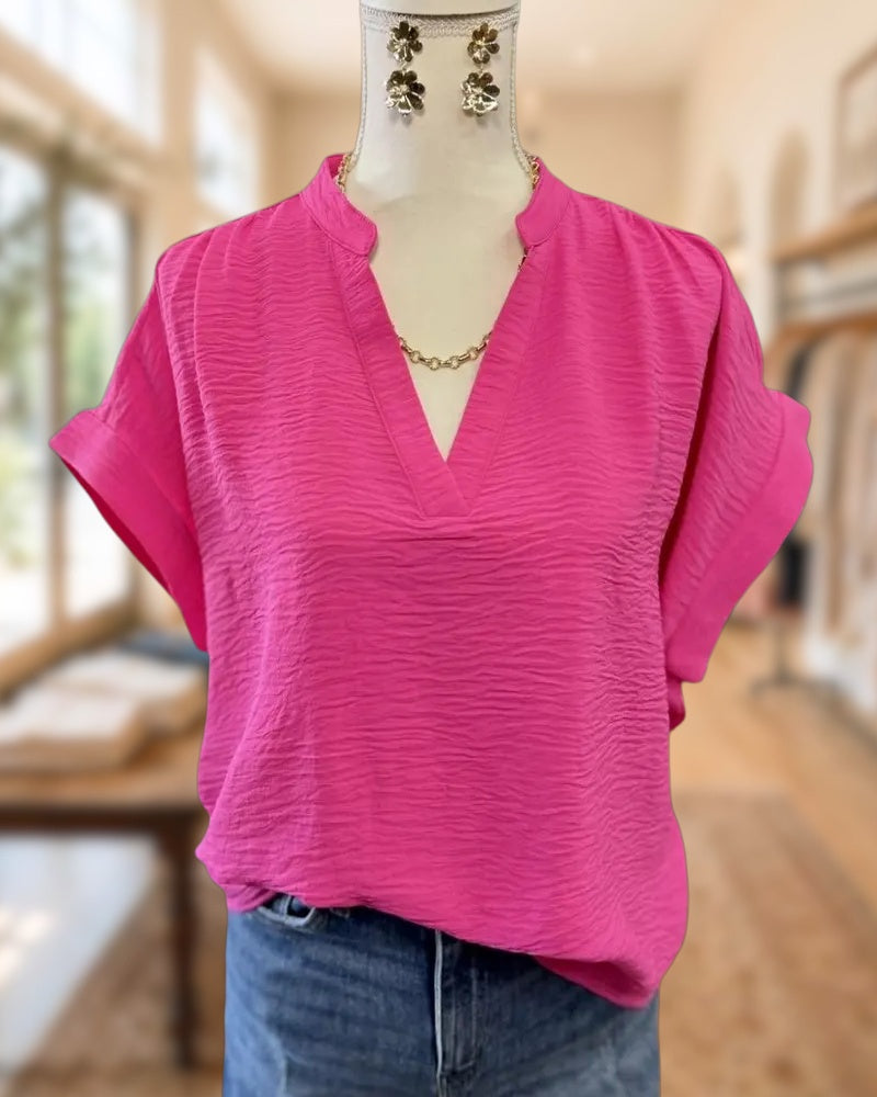 Solid Color V Neck Textured Short Sleeve Lightweight Casual Everyday Blouse