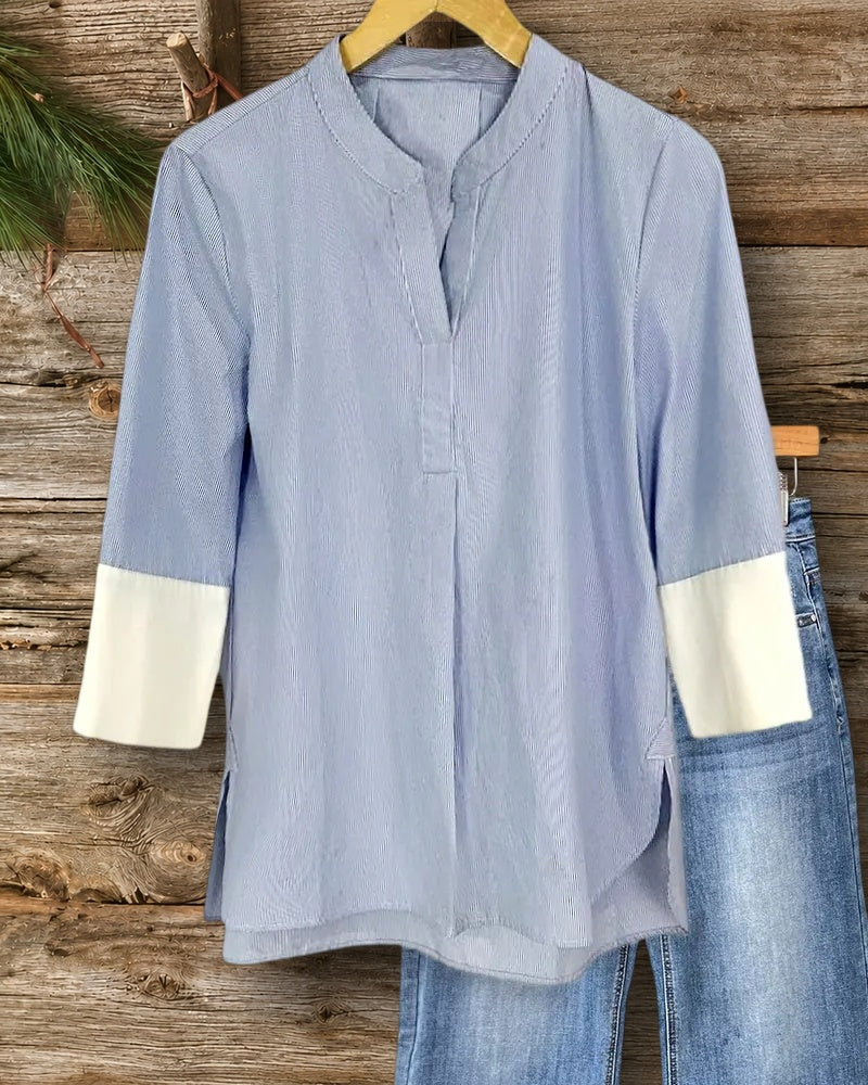 Striped Patchwork Side Slit Simple Blouse