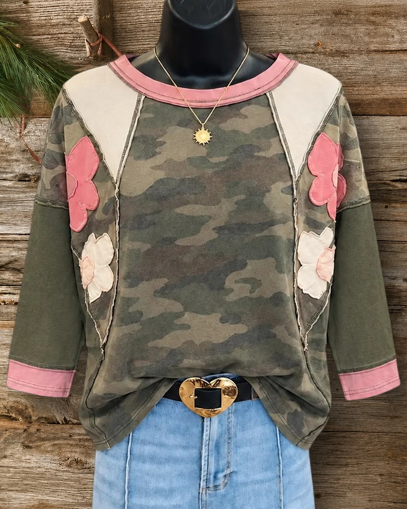 Camouflage Print Patchwork Floral Applique 3/4 Sleeve Loose Casual Top