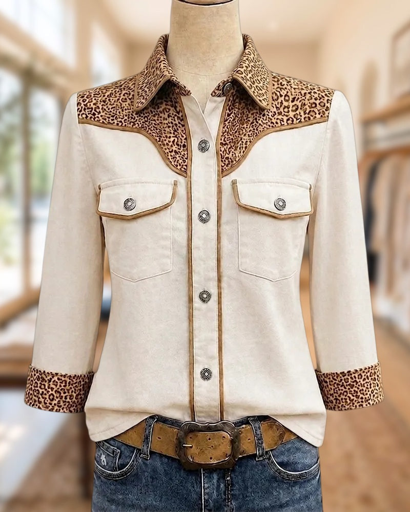 Leopard Panel Contrast Trim Flap Pocket Button Up 3/4 Sleeve Shirt