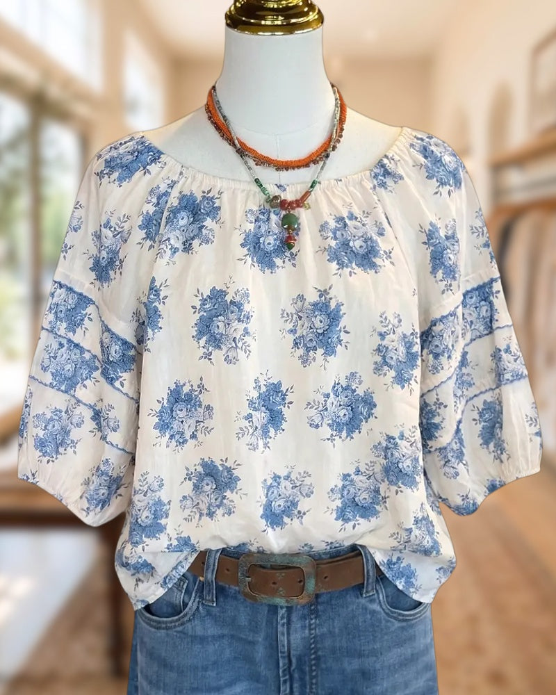 Floral Print Tiered Puff Sleeve Smocked Neck Loose Blouse
