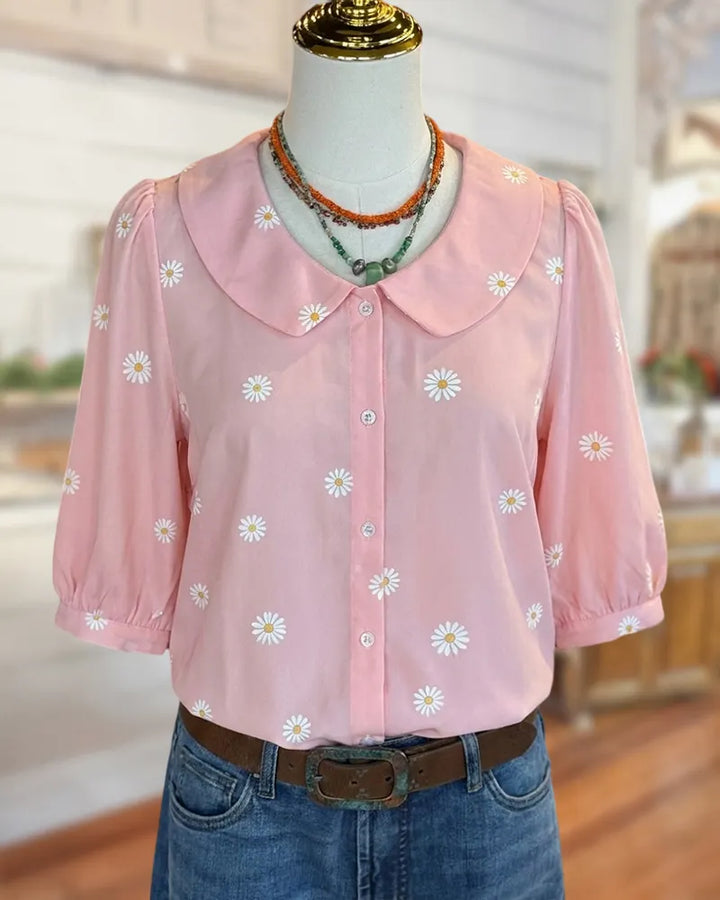 Peter Pan Collar Puff Sleeve Floral Button Front Blouse