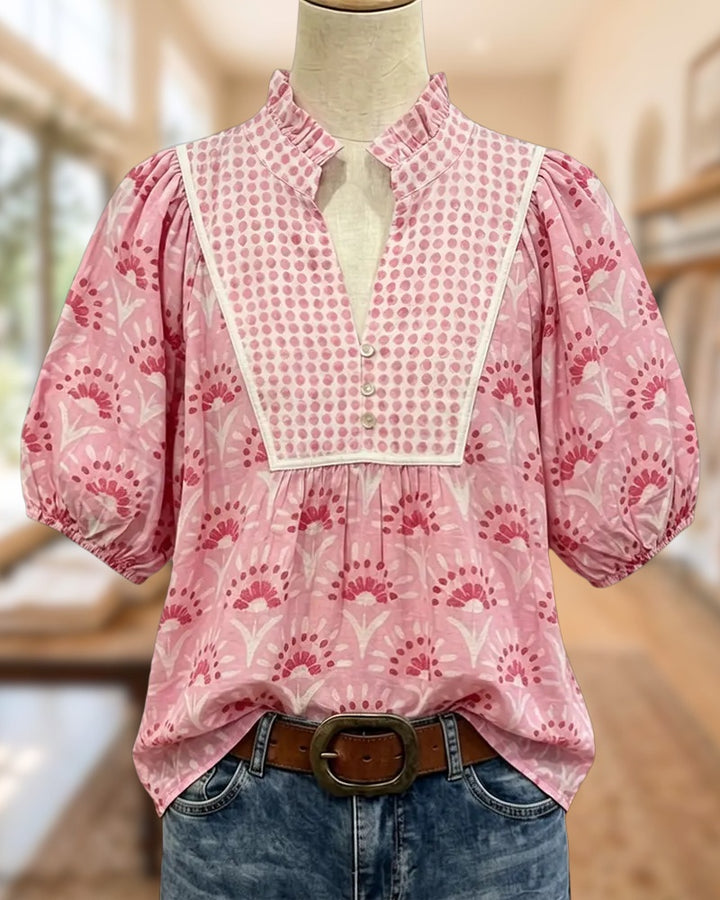 Ruffled Collar Puff Sleeve Floral Print Button Front Blouse