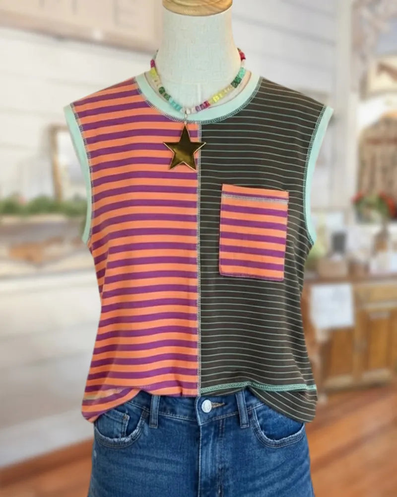 Contrast Trim Spliced Striped Patch Pocket Casual Tank Top