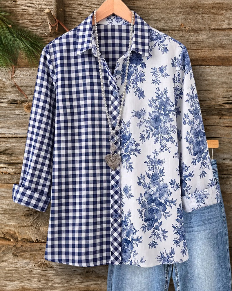 Plaid Floral Patchwork Button Front Collared Long Sleeve Shirt