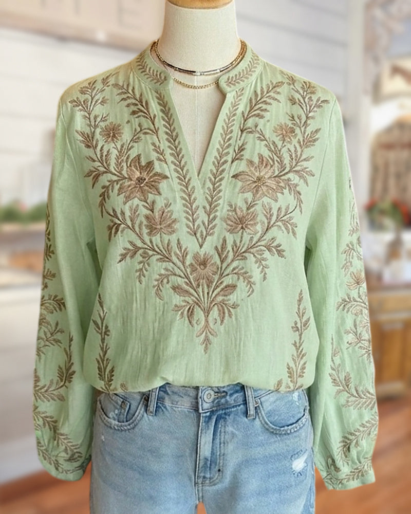 Floral Embroidered Mandarin Collar Long Sleeve Relaxed Blouse