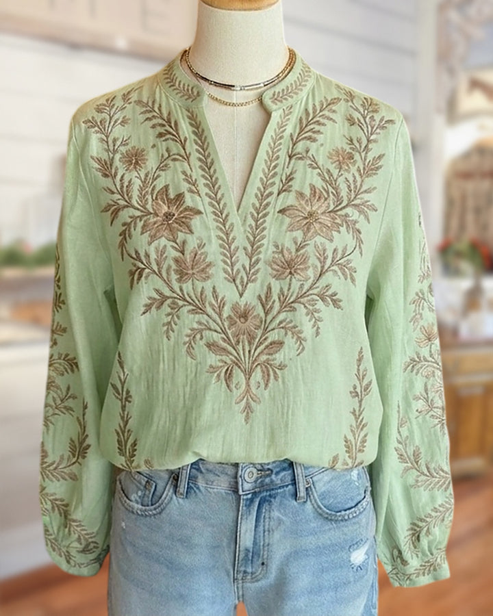 Floral Embroidered Mandarin Collar Long Sleeve Relaxed Blouse