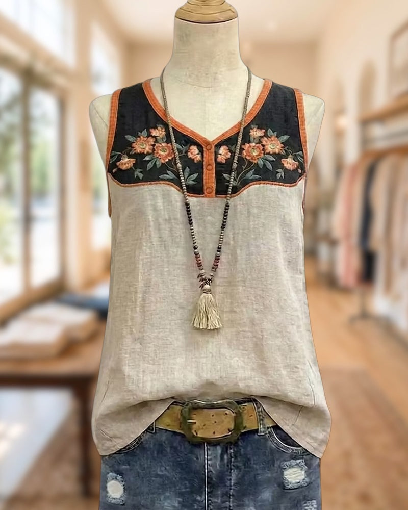 Embroidery Contrast Yoke V Neck Sleeveless Casual Tank Top
