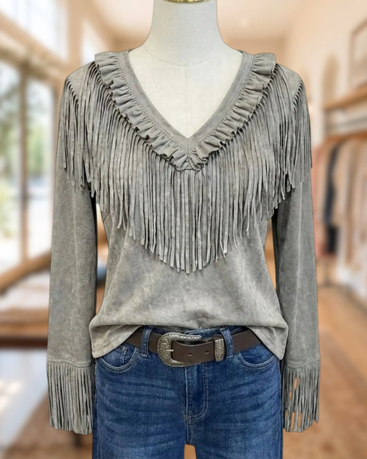 V Neck Fringe Decorated Long Sleeve Ruffled Trim Casual Top